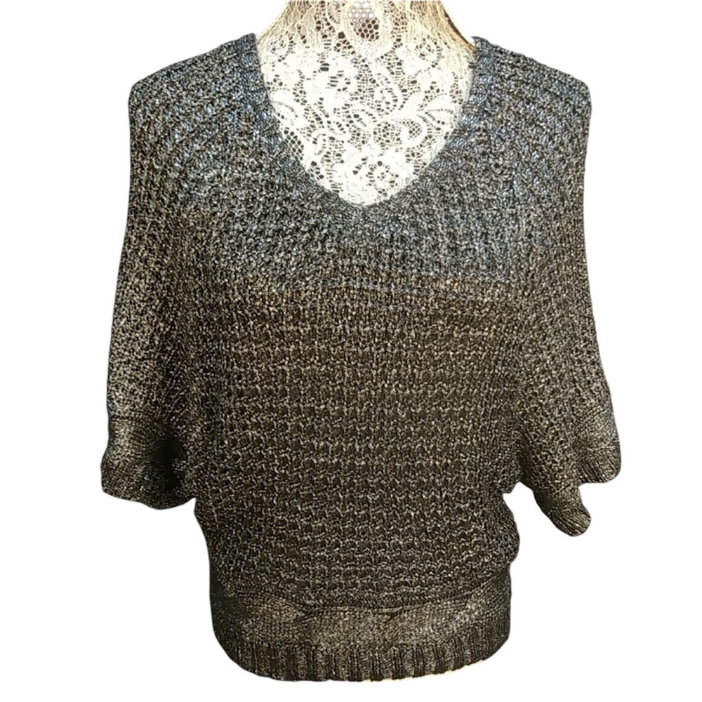 Studio Y M Black Silver Metallic Dolman Sleeve V Neck Sweater Top